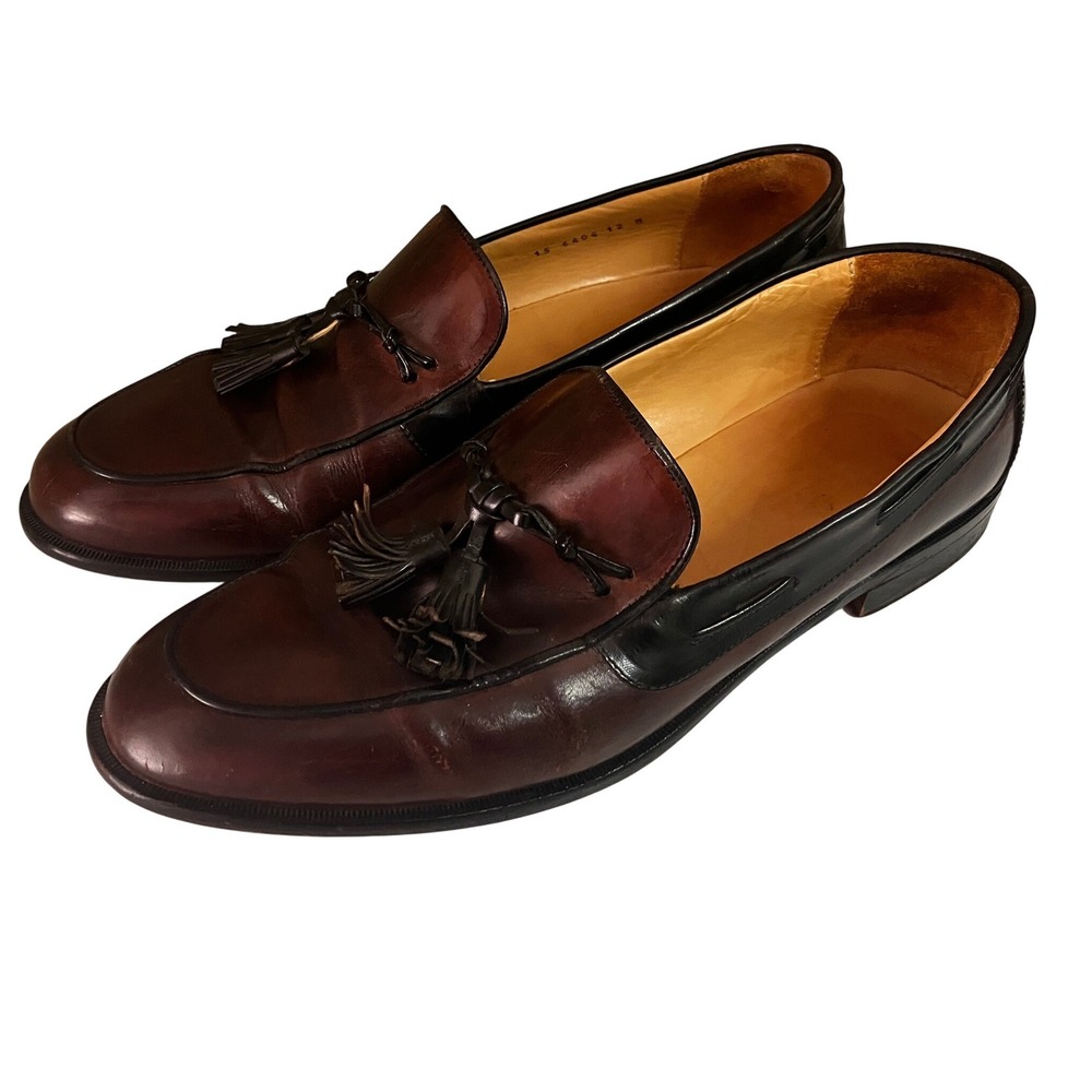 Johnston & Murphy Mens Tassel Loafers‎ Burgundy Black Leather Made in Italy 12 M